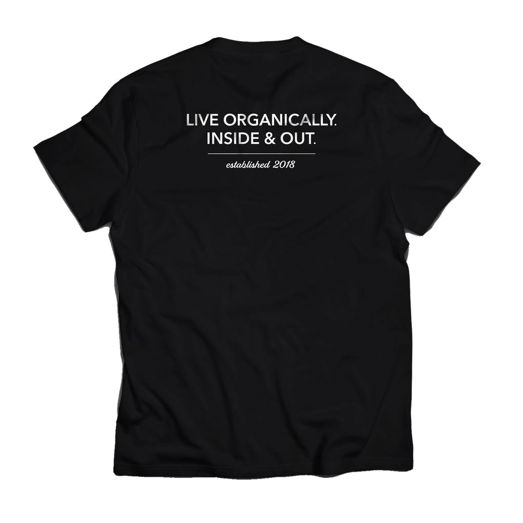 Organic cotton t shirt with white lettering on back side.