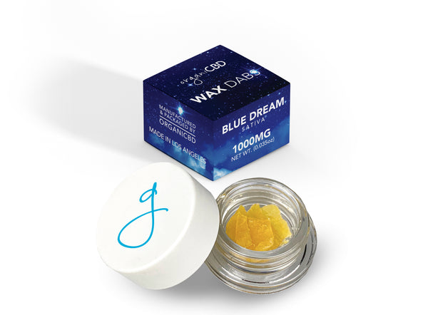 Blue dream CBD wax dabs with retail packaging.