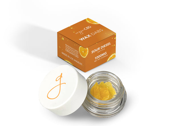 Sour diesel CBD wax dabs with retail jar and box packaging,