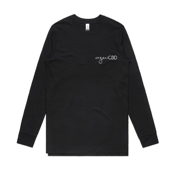 Black organic cotton long sleeve t shirt on white background.