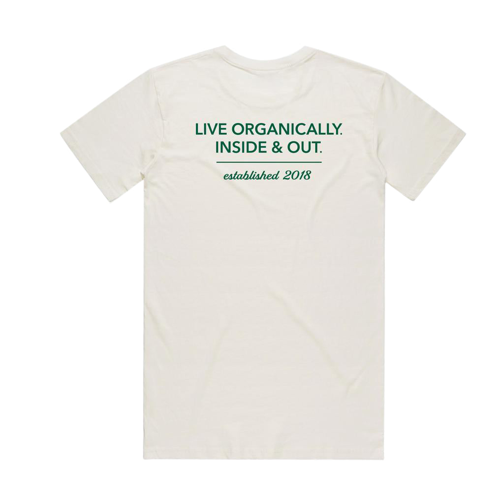 Organic cotton t shirt with green lettering on back side.