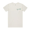 Organic cotton t shirt with green lettering on front side.
