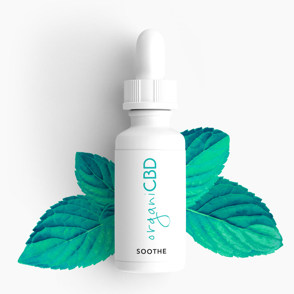 CBD Oil peppermint flavored with peppermint leaves background